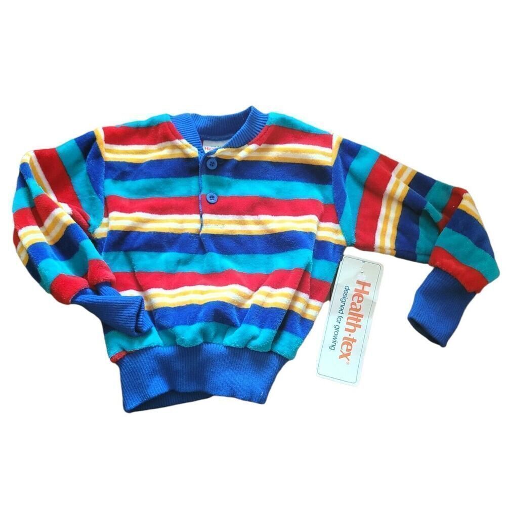 Vintage Healthtex velour stripe shirt 70s Knit sweater long sleeve NOS